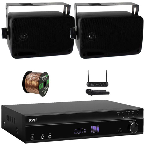 Pyle PT875BT 5.2 Channel 1000W Max USB-A MP3 Player FM Radio Bluetooth Home Theater Amplifier Receiver, 2x 3.5'' 200W Max 3-Way Indoor/Outdoor Speakers, VHF Wireless Microphone System, Speaker Wire