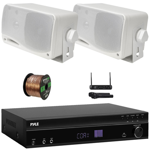 Pyle PT875BT 5.2 Channel 1000W Max USB-A MP3 Player FM Radio Bluetooth Home Theater Amplifier Receiver, 2x 3.5'' 200W Max 3-Way Mini Box White Speakers, VHF Wireless Microphone System, Speaker Wire