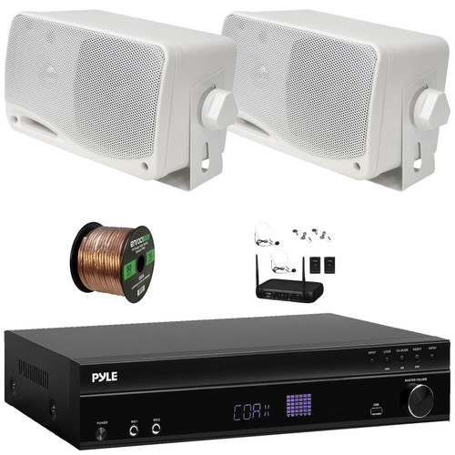 Pyle PT875BT 5.2 Channel 1000W Max USB-A MP3 Player FM Radio Bluetooth Home Theater Amplifier Receiver, 2x 3.5'' 200 Watt Max Power 3-Way White Mini Box Speakers, VHF Wireless Microphone System, Wire