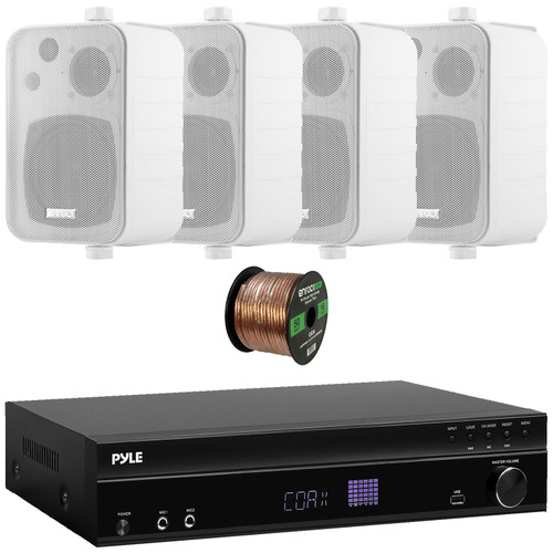 Pyle PT875BT 5.2 Channel 1000W Max USB-A MP3 Player FM Radio Bluetooth Home Theater Amplifier Receiver, 4x Enrock EKMR408W 4" 30 Watt Max Power 3-Way Indoor/Outdoor White Box-Speakers, Speaker Wire