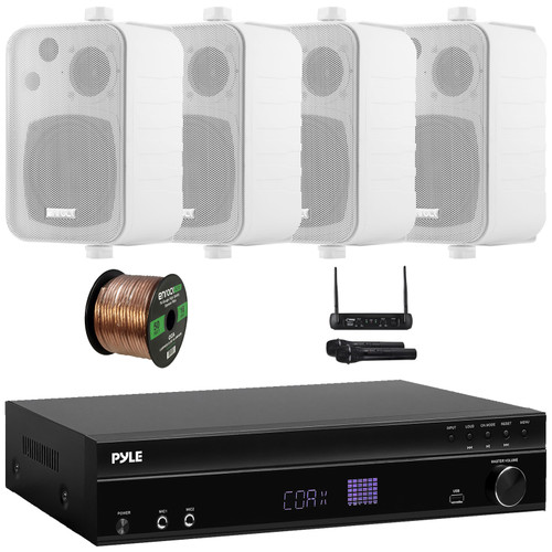 Pyle PT875BT 5.2 Channel 1000W Max USB-A MP3 Player FM Radio Bluetooth Home Theater Amplifier Receiver, 4x 4" 30W Max 3-Way Indoor/Outdoor White Speakers, VHF Wireless Microphone System, Speaker Wire