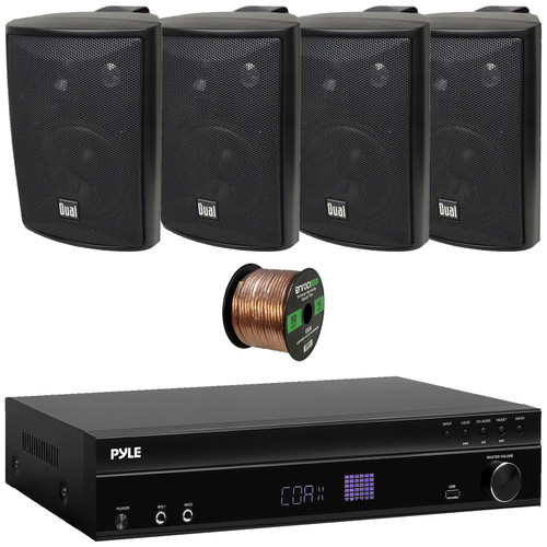 Pyle PT875BT 5.2 Channel 1000W Max USB-A MP3 Player FM Radio Bluetooth Home Theater Amplifier Receiver, 4x Dual Electronics LU47PB 4" 200W Max Power 3-Way Indoor/Outdoor Black Speakers, Speaker Wire