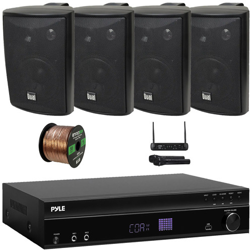 Pyle PT875BT 5.2 Channel 1000W Max USB-A MP3 Player FM Radio Bluetooth Home Theater Amplifier Receiver, 4x 4" 200W Max 3-Way Indoor/Outdoor Black Speakers, VHF Wireless Microphone System, Speaker Wire