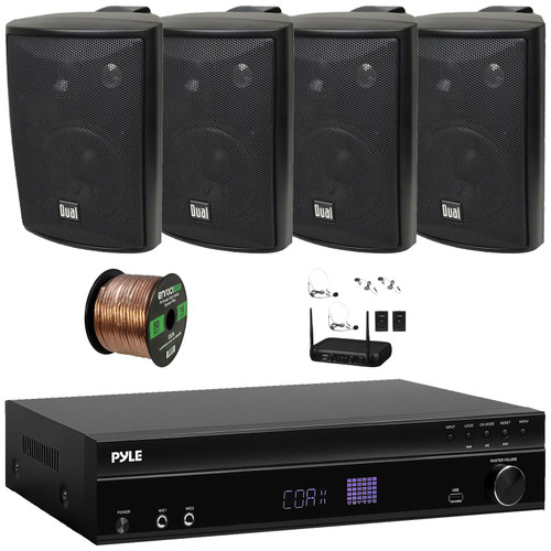 Pyle PT875BT 5.2 Channel 1000W Max USB-A MP3 Player FM Radio Bluetooth Home Theater Amplifier Receiver, 4x 4" 200W Max Power 3-Way Indoor/Outdoor Black Speakers, VHF Wireless Microphone System, Wire