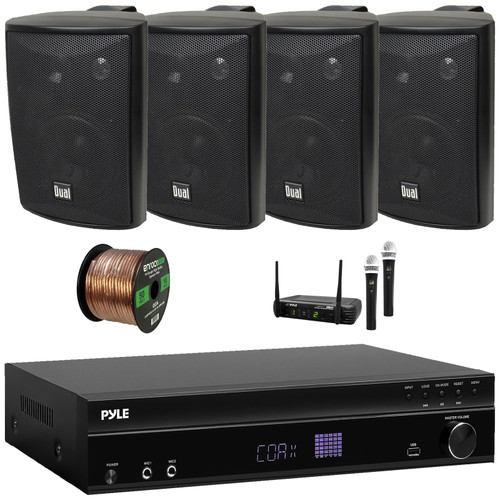 Pyle PT875BT 5.2 Channel 1000W Max USB-A MP3 Player FM Radio Bluetooth Home Theater Amplifier Receiver, 4x 4" 200 Watt Max 3-Way Indoor/Outdoor Black Speakers, Wireless Microphone System, Speaker Wire