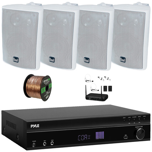 Pyle PT875BT 5.2 Channel 1000W Max USB-A MP3 Player FM Radio Bluetooth Home Theater Amplifier Receiver, 4x 4" 200W Max Power 3-Way Indoor/Outdoor White Speakers, VHF Wireless Microphone System, Wire