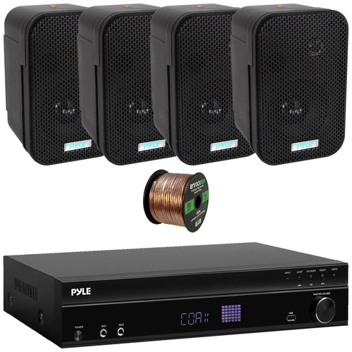 Pyle PT875BT 5.2 Channel 1000W Max USB-A MP3 Player FM Radio Bluetooth Home Theater Amplifier Receiver, 4x Pyle PDWR30B 3.5" 300 Watts Max Power Indoor/Outdoor Black Waterproof Speakers, Speaker Wire