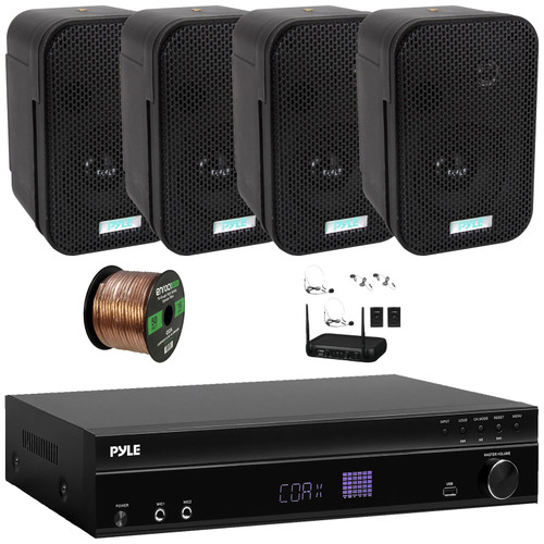 Pyle PT875BT 5.2 Channel 1000W Max USB-A MP3 Player FM Radio Bluetooth Home Theater Amplifier Receiver, 4x 3.5" 300W Max Indoor/Outdoor Black Waterproof Speakers, VHF Wireless Microphone System, Wire