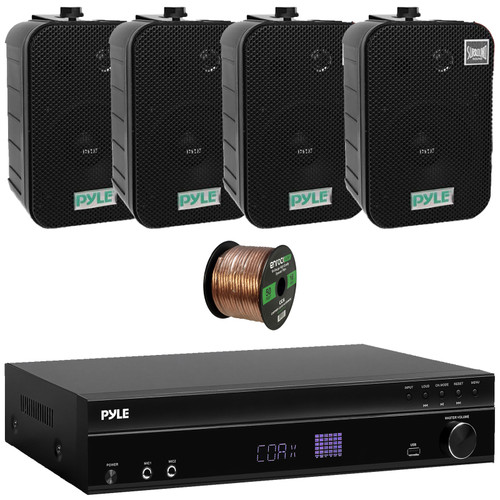 Pyle PT875BT 5.2 Channel 1000W Max USB-A MP3 Player FM Radio Bluetooth Home Theater Amplifier Receiver, 4x Pyle PDWR40B 5.25" 400 Watts Max Power Indoor/Outdoor Black Waterproof Speakers, Speaker Wire