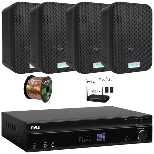 Pyle PT875BT 5.2 Channel 1000W Max USB-A MP3 Player FM Radio Bluetooth Home Theater Amplifier Receiver, 4x 6.5'' 500W Max Indoor/Outdoor Waterproof Black Speakers, VHF Wireless Microphone System, Wire