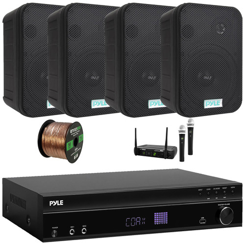 Pyle PT875BT 5.2 Channel 1000W Max USB-A MP3 Player FM Radio Bluetooth Home Theater Amplifier Receiver, 4x 6.5'' 500W Max Indoor/Outdoor Waterproof Speakers, Wireless Microphone System, Speaker Wire