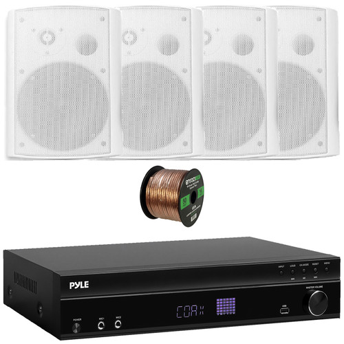 Pyle PT875BT 5.2 Channel 1000W Max USB-A MP3 Player FM Radio Bluetooth Home Theater Amplifier Receiver, 4x Pyle PDWR50W 6.5" 500 Watt Max Power Indoor/Outdoor Waterproof White Speakers, Speaker Wire