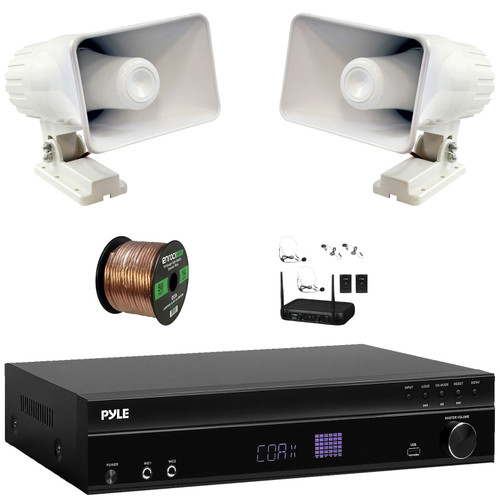 Pyle PT875BT 5.2 Channel 1000W Max USB-A MP3 Player FM Radio Bluetooth Home Theater Amplifier Receiver, 2x 6'' 50W Power Indoor/Outdoor PA Horn Speakers, VHF Wireless Microphone System, Wire