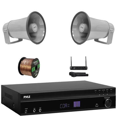 Pyle PT875BT 5.2 Channel 1000W Max USB-A MP3 Player FM Radio Bluetooth Home Theater Amplifier Receiver, 2x 8.1'' 50W Max Indoor/Outdoor PA Horn Speakers, VHF Wireless Microphone System, Speaker Wire