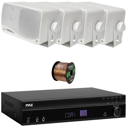 Pyle PT875BT 5.2 Channel 1000W Max USB-A MP3 Player FM Radio Bluetooth Home Theater Amplifier Receiver, 4x Pyle PLMR24 3.5'' 200W Max Power 3-Way Weather Proof Mini Box White Speakers, Speaker Wire