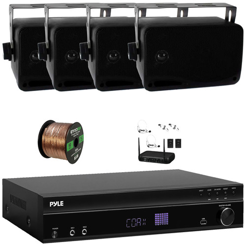 Pyle PT875BT 5.2 Channel 1000W Max USB-A MP3 Player FM Radio Bluetooth Home Theater Amplifier Receiver, 4x 3.5'' 200W Max 3-Way Indoor/Outdoor Black Speakers, VHF Wireless Microphone System, Wire