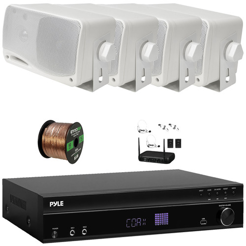 Pyle PT875BT 5.2 Channel 1000W Max USB-A MP3 Player FM Radio Bluetooth Home Theater Amplifier Receiver, 4x 3.5'' 200 Watt Max Power 3-Way White Mini Box Speakers, VHF Wireless Microphone System, Wire