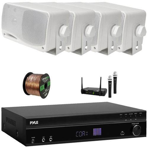 Pyle PT875BT 5.2 Channel 1000W Max USB-A MP3 Player FM Radio Bluetooth Home Theater Amplifier Receiver, 4x 3.5'' 200W Max Power 3-Way Mini Box White Speakers, Wireless Microphone System, Speaker Wire