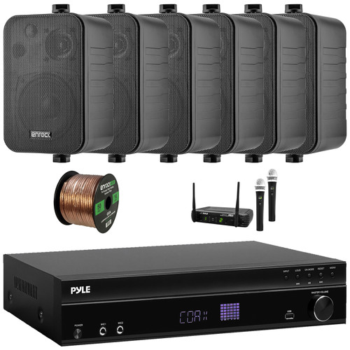 Pyle PT875BT 5.2 Channel 1000W Max USB-A MP3 Player FM Radio Bluetooth Home Theater Amplifier Receiver, 6x 4" 30 Watt Max 3-Way Indoor/Outdoor Black Speakers, Wireless Microphone System, Speaker Wire