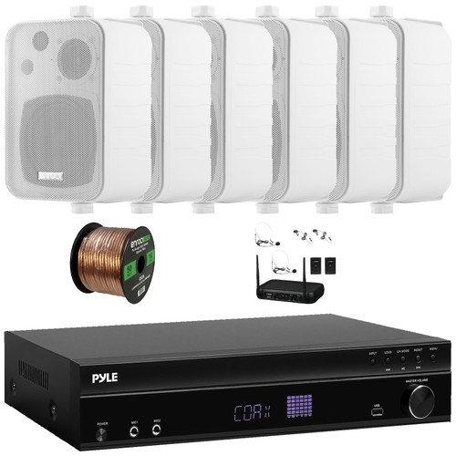 Pyle PT875BT 5.2 Channel 1000W Max USB-A MP3 Player FM Radio Bluetooth Home Theater Amplifier Receiver, 6x 4" 30 Watt Max 3-Way Indoor/Outdoor White Box-Speakers, VHF Wireless Microphone System, Wire