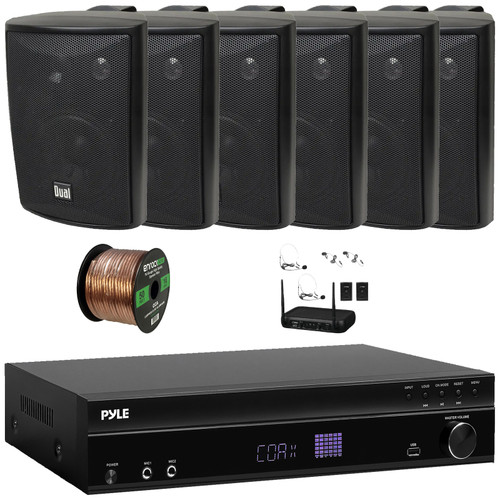 Pyle PT875BT 5.2 Channel 1000W Max USB-A MP3 Player FM Radio Bluetooth Home Theater Amplifier Receiver, 6x 4" 200W Max Power 3-Way Indoor/Outdoor Black Speakers, VHF Wireless Microphone System, Wire