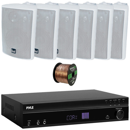 Pyle PT875BT 5.2 Channel 1000W Max USB-A MP3 Player FM Radio Bluetooth Home Theater Amplifier Receiver, 6x Dual Electronics LU47PW 4" 200W Max Power 3-Way Indoor/Outdoor White Speakers, Speaker Wire