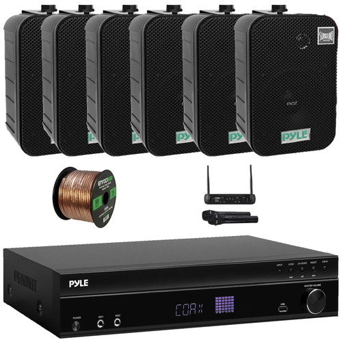 Pyle PT875BT 5.2 Channel 1000W Max USB-A MP3 Player FM Radio Bluetooth Home Theater Amplifier Receiver, 6x 5.25" 400W Max Indoor/Outdoor Black Speakers, VHF Wireless Microphone System, Speaker Wire