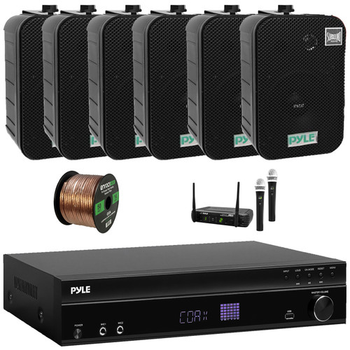 Pyle PT875BT 5.2 Channel 1000W Max USB-A MP3 Player FM Radio Bluetooth Home Theater Amplifier Receiver, 6x 5.25" 400W Max Power Indoor/Outdoor Black Speakers, Wireless Microphone System, Speaker Wire