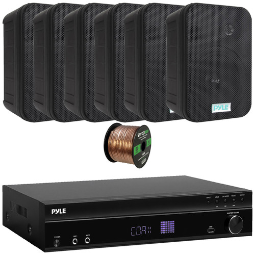 Pyle PT875BT 5.2 Channel 1000W Max USB-A MP3 Player FM Radio Bluetooth Home Theater Amplifier Receiver, 6x Pyle PDWR50B 6.5'' 500 Watt Max Power Indoor/Outdoor Waterproof Black Speakers, Speaker Wire