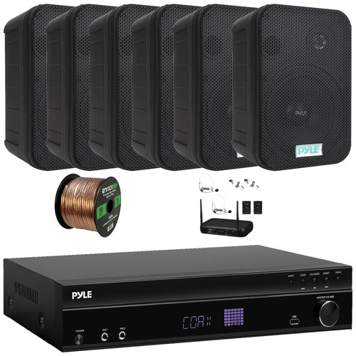 Pyle PT875BT 5.2 Channel 1000W Max USB-A MP3 Player FM Radio Bluetooth Home Theater Amplifier Receiver, 6x 6.5'' 500W Max Indoor/Outdoor Waterproof Black Speakers, VHF Wireless Microphone System, Wire