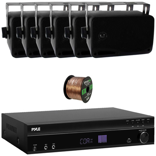 Pyle PT875BT 5.2 Channel 1000W Max USB-A MP3 Player FM Radio Bluetooth Home Theater Amplifier Receiver, 6x Pyle PLMR24B 3.5'' 200 Watt Max 3-Way Indoor/Outdoor Wall Mount Black Speakers, Speaker Wire