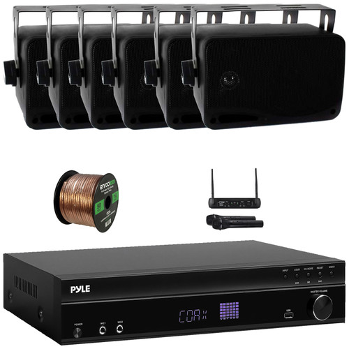 Pyle PT875BT 5.2 Channel 1000W Max USB-A MP3 Player FM Radio Bluetooth Home Theater Amplifier Receiver, 6x 3.5'' 200W Max 3-Way Indoor/Outdoor Speakers, VHF Wireless Microphone System, Speaker Wire