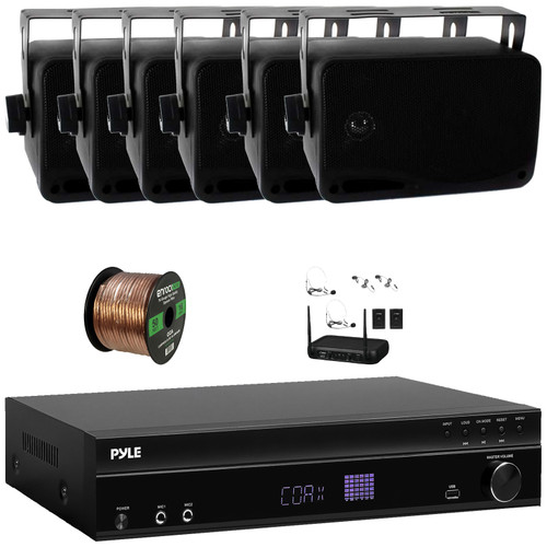 Pyle PT875BT 5.2 Channel 1000W Max USB-A MP3 Player FM Radio Bluetooth Home Theater Amplifier Receiver, 6x 3.5'' 200W Max 3-Way Indoor/Outdoor Black Speakers, VHF Wireless Microphone System, Wire