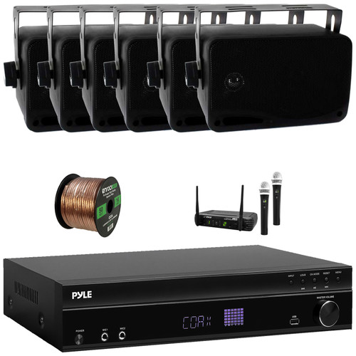 Pyle PT875BT 5.2 Channel 1000W Max USB-A MP3 Player FM Radio Bluetooth Home Theater Amplifier Receiver, 6x 3.5'' 200W Max 3-Way Indoor/Outdoor Black Speakers, Wireless Microphone System, Speaker Wire