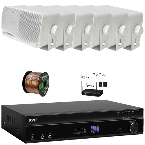 Pyle PT875BT 5.2 Channel 1000W Max USB-A MP3 Player FM Radio Bluetooth Home Theater Amplifier Receiver, 6x 3.5'' 200 Watt Max Power 3-Way White Mini Box Speakers, VHF Wireless Microphone System, Wire
