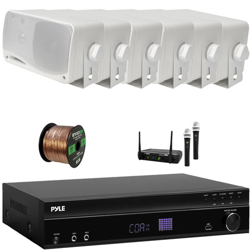 Pyle PT875BT 5.2 Channel 1000W Max USB-A MP3 Player FM Radio Bluetooth Home Theater Amplifier Receiver, 6x 3.5'' 200W Max Power 3-Way Mini Box White Speakers, Wireless Microphone System, Speaker Wire