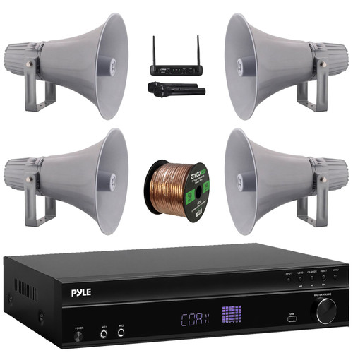 Pyle PT875BT 5.2 Channel 1000W Max USB-A MP3 Player FM Radio Bluetooth Home Theater Amplifier Receiver, 4x 12.7'' 60W RMS Indoor/Outdoor PA Horn Speakers, VHF Wireless Microphone System, Speaker Wire