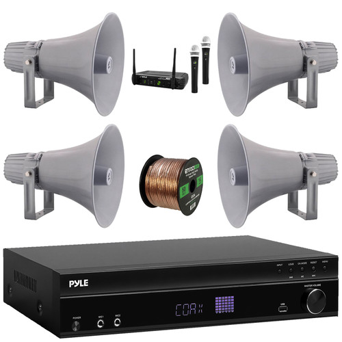 Pyle PT875BT 5.2 Channel 1000W Max USB-A MP3 Player FM Radio Bluetooth Home Theater Amplifier Receiver, 4x 12.7'' 60 Watt RMS Indoor/Outdoor PA Horn Speakers, Wireless Microphone System, Speaker Wire