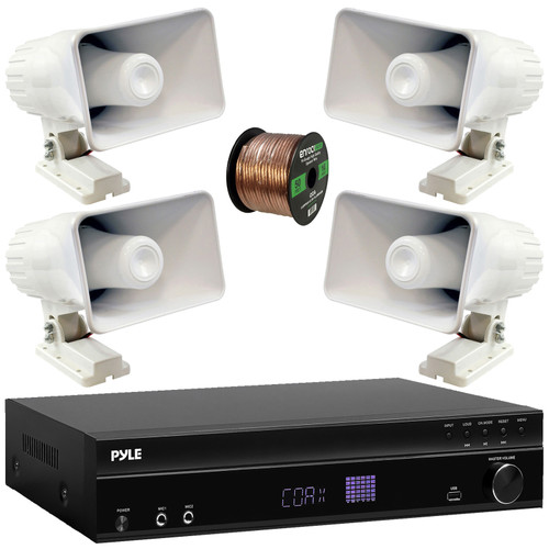 Pyle PT875BT 5.2 Channel 1000W Max USB-A MP3 Player FM Radio Bluetooth Home Theater Amplifier Receiver, 4x Pyle PHSP4 6'' 50 Watt Indoor/Outdoor PA Horn Speakers, 50 Feet 16 Gauge Speaker Wire