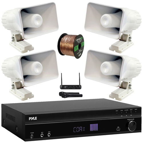 Pyle PT875BT 5.2 Channel 1000W Max USB-A MP3 Player FM Radio Bluetooth Home Theater Amplifier Receiver, 4x 6'' 50W Power Indoor/Outdoor PA Horn Speakers, VHF Wireless Microphone System, Speaker Wire