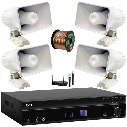 Pyle PT875BT 5.2 Channel 1000W Max USB-A MP3 Player FM Radio Bluetooth Home Theater Amplifier Receiver, 4x Pyle PHSP4 6'' 50W Indoor/Outdoor PA Horn Speakers, Wireless Microphone System, Speaker Wire