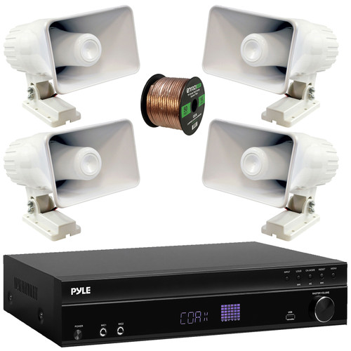 Pyle PT875BT 5.2 Channel 1000W Max USB-A MP3 Player FM Radio Bluetooth Home Theater Amplifier Receiver, 4x Pyle PHSP5 8'' 65 Watt Power Indoor/Outdoor PA Horn Speakers, 50 Feet 16 Gauge Speaker Wire