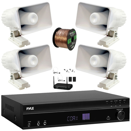 Pyle PT875BT 5.2 Channel 1000W Max USB-A MP3 Player FM Radio Bluetooth Home Theater Amplifier Receiver, 4x 8'' 65W Power Indoor/Outdoor PA Horn Speakers, VHF Wireless Microphone System, Wire