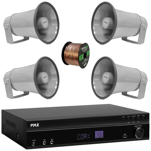 Pyle PT875BT 5.2 Channel 1000W Max USB-A MP3 Player FM Radio Bluetooth Home Theater Amplifier Receiver, 4x Pyle PHSP8K 8.1'' 50 Watt Max Power Indoor/Outdoor Gray PA Horn Speakers, Speaker Wire