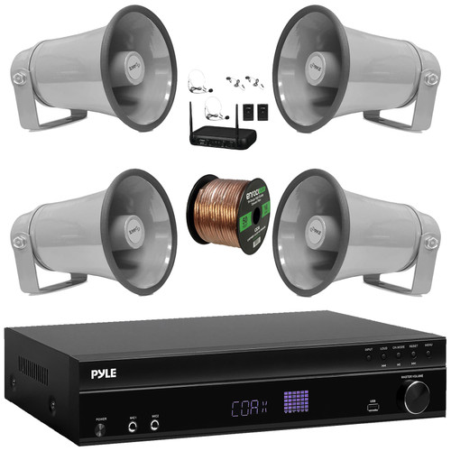 Pyle PT875BT 5.2 Channel 1000W Max USB-A MP3 Player FM Radio Bluetooth Home Theater Amplifier Receiver, 4x 8.1'' 50W Max Indoor/Outdoor PA Horn Speakers, VHF Wireless Microphone System, Wire