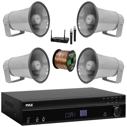 Pyle PT875BT 5.2 Channel 1000W Max USB-A MP3 Player FM Radio Bluetooth Home Theater Amplifier Receiver, 4x 8.1'' 50W Max Indoor/Outdoor Gray PA Horn Speakers, Wireless Microphone System, Speaker Wire