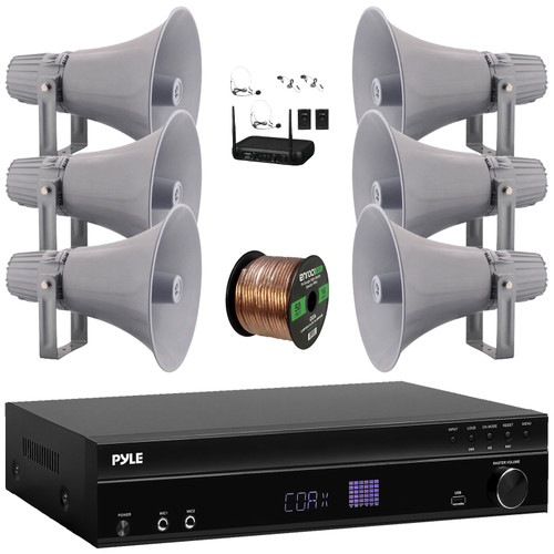 Pyle PT875BT 5.2 Channel 1000W Max USB-A MP3 Player FM Radio Bluetooth Home Theater Amplifier Receiver, 6x 12.7'' 60W RMS Indoor/Outdoor PA Horn Speakers, VHF Wireless Microphone System, Wire