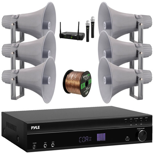 Pyle PT875BT 5.2 Channel 1000W Max USB-A MP3 Player FM Radio Bluetooth Home Theater Amplifier Receiver, 6x 12.7'' 60 Watt RMS Indoor/Outdoor PA Horn Speakers, Wireless Microphone System, Speaker Wire