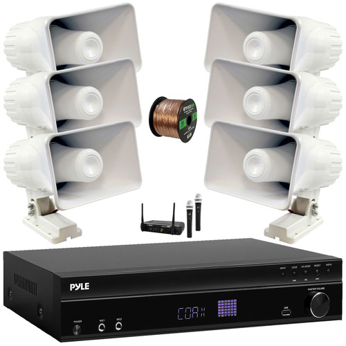 Pyle PT875BT 5.2 Channel 1000W Max USB-A MP3 Player FM Radio Bluetooth Home Theater Amplifier Receiver, 6x Pyle PHSP4 6'' 50W Indoor/Outdoor PA Horn Speakers, Wireless Microphone System, Speaker Wire