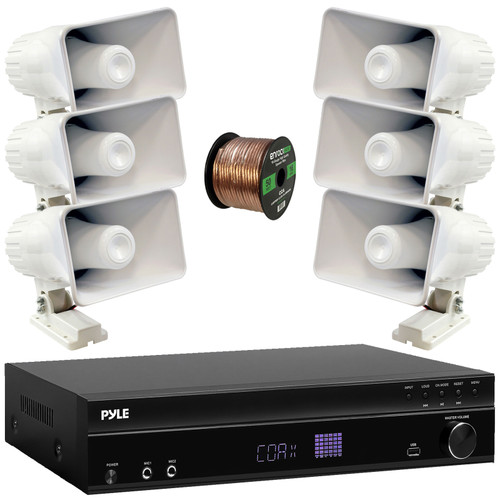 Pyle PT875BT 5.2 Channel 1000W Max USB-A MP3 Player FM Radio Bluetooth Home Theater Amplifier Receiver, 6x Pyle PHSP5 8'' 65 Watt Power Indoor/Outdoor PA Horn Speakers, 50 Feet 16 Gauge Speaker Wire